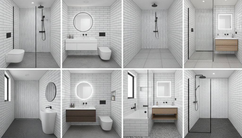 modern subway tile layout patterns in contemporary small bathroom