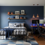 modern teenage boy bedroom with navy blue walls and industrial furniture