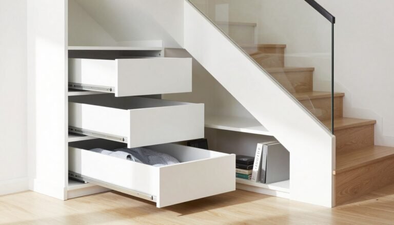 modern under stairs storage with pull-out drawers and organized shelves