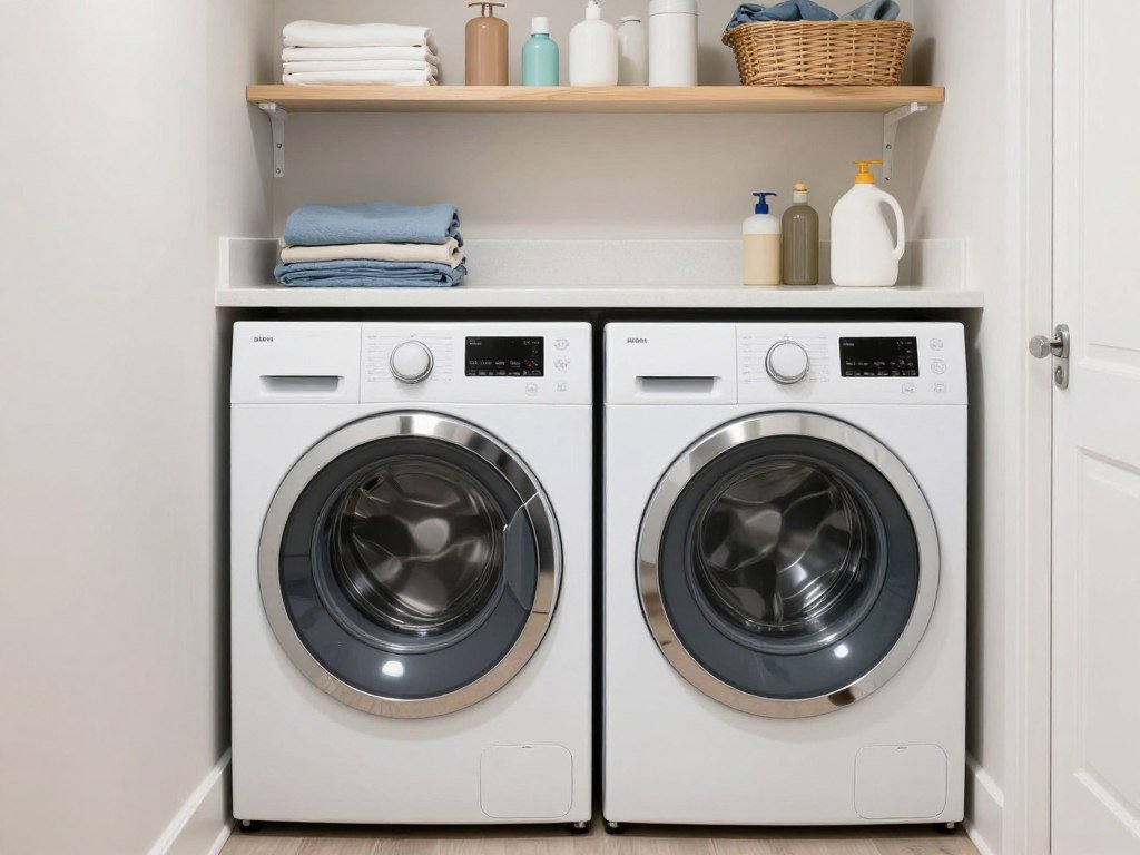 modern washer dryer set in basement laundry room