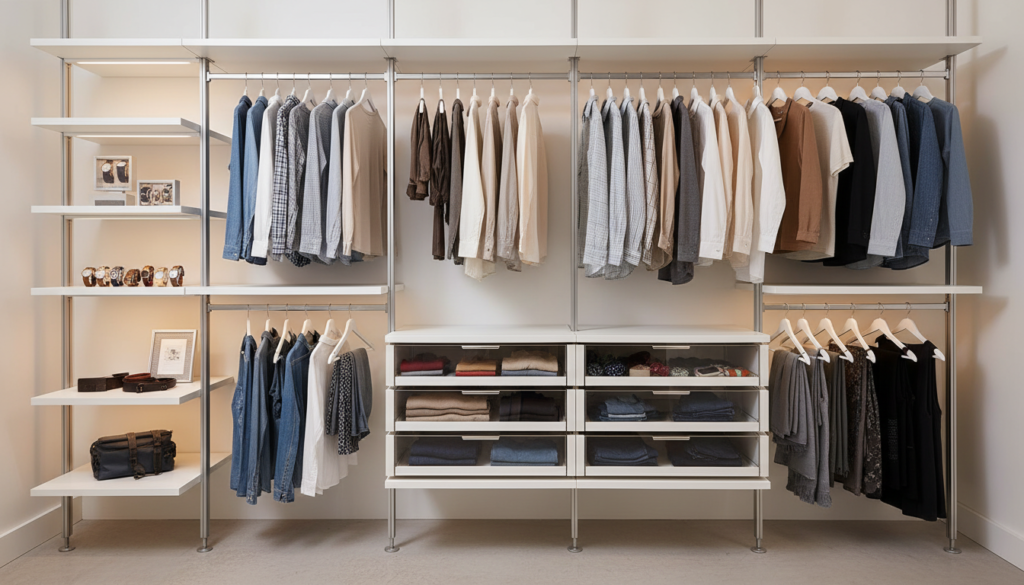 modular closet shelving system with adjustable shelves and hanging rods