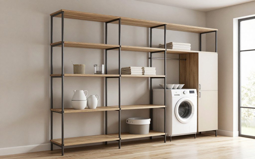 modular freestanding shelving system in laundry room