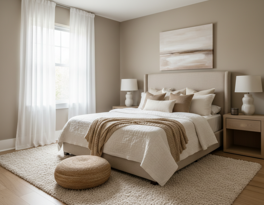 monochromatic color scheme in very small bedroom