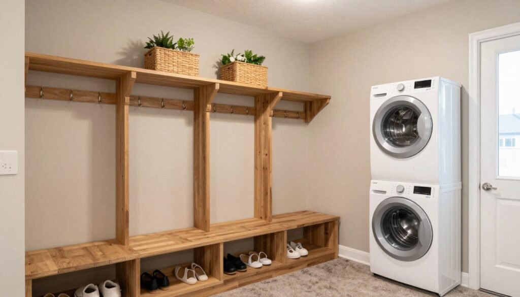 mudroom and laundry combination with benches and storage