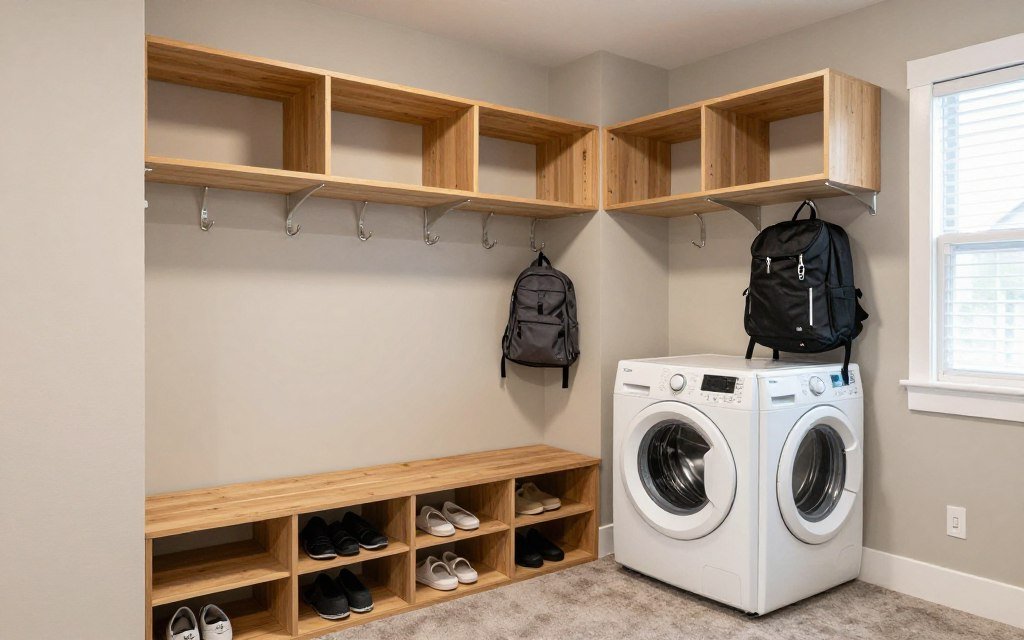 mudroom-laundry combo with hooks and storage