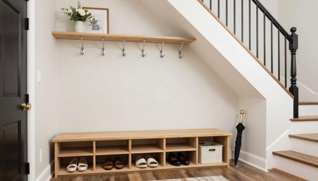 mudroom setup under stairs with coat hooks and shoe storage