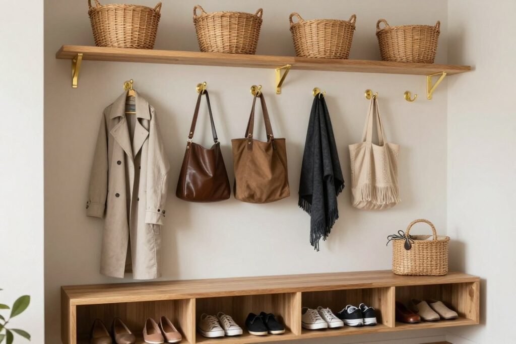mudroom wall with hooks shelves and organized storage