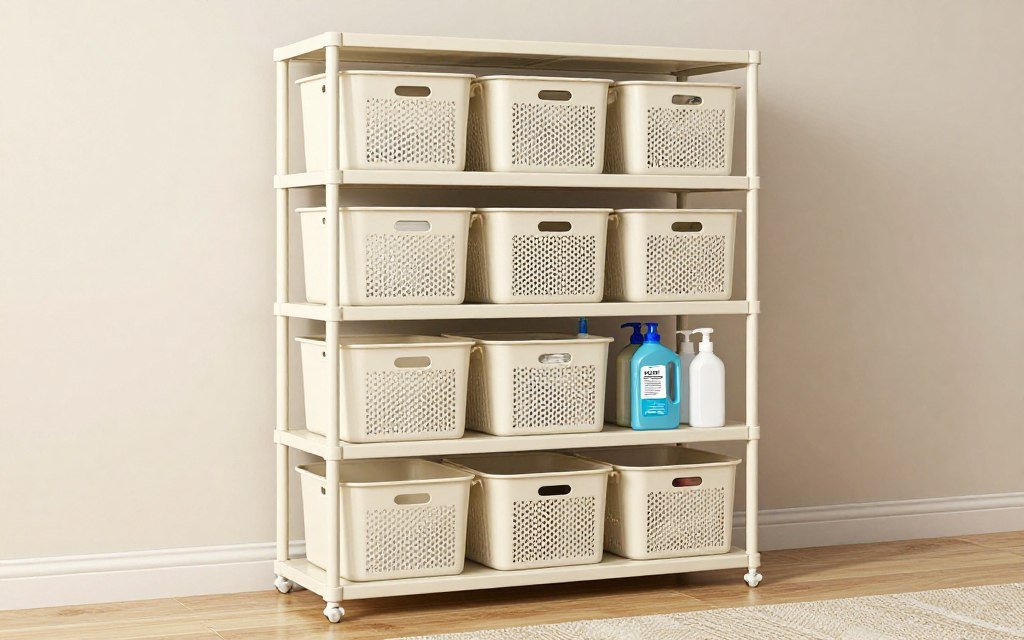 multi-tier plastic storage shelving loaded with supplies