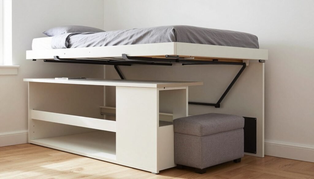 multifunctional furniture in very small bedroom including storage bed and folding desk