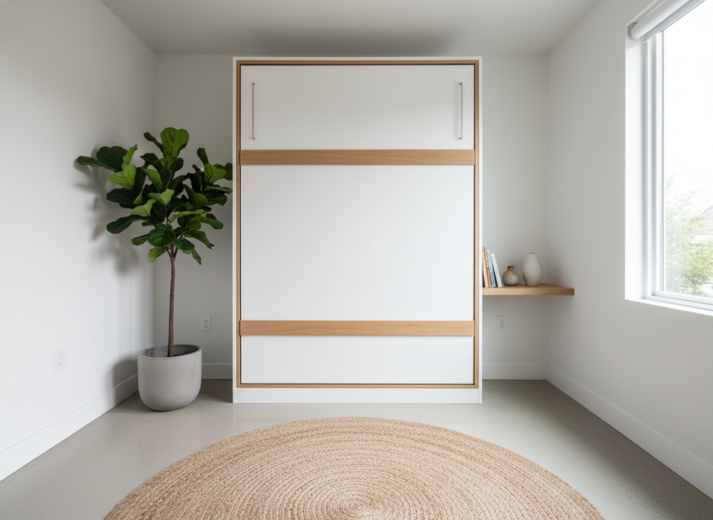 murphy bed folded up against wall in very small bedroom creating open floor space