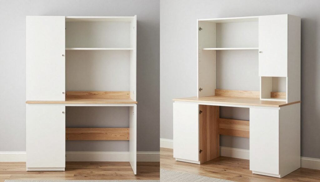 murphy desk cabinet closed and open showing workspace transformation
