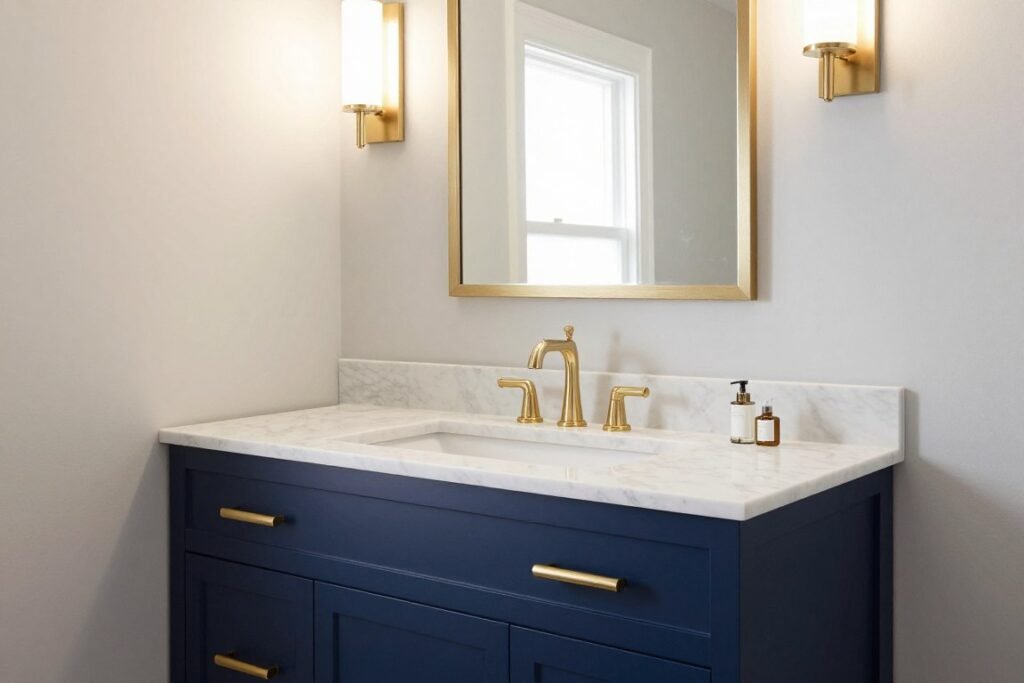 narrow bathroom vanity with drawers and marble countertop