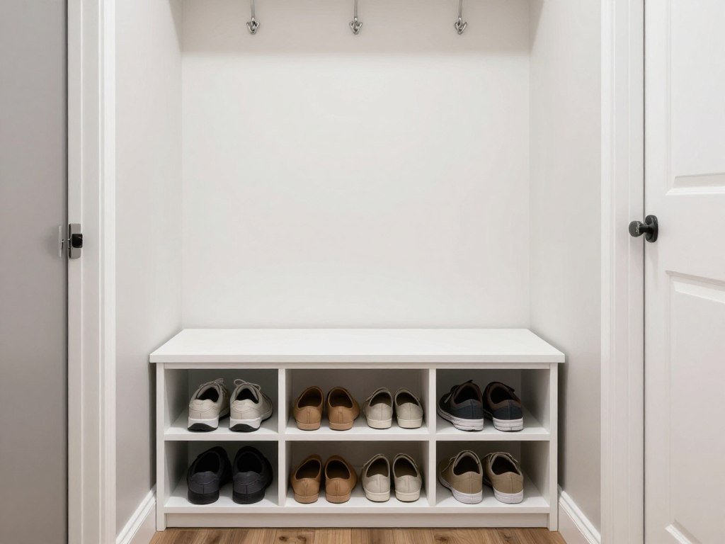 narrow bench with storage in laundry mudroom