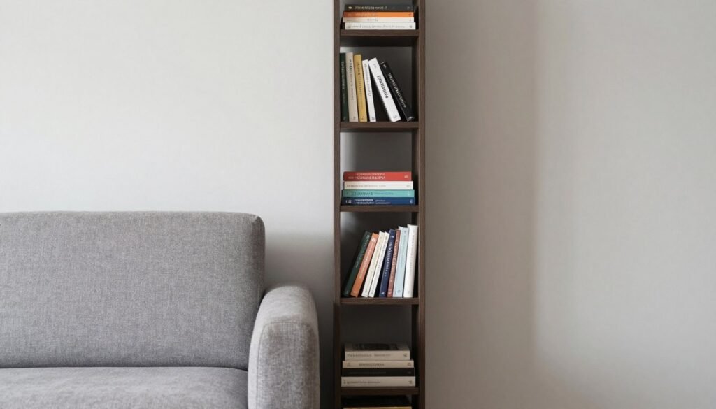 narrow bookshelf between furniture pieces in tight living room space