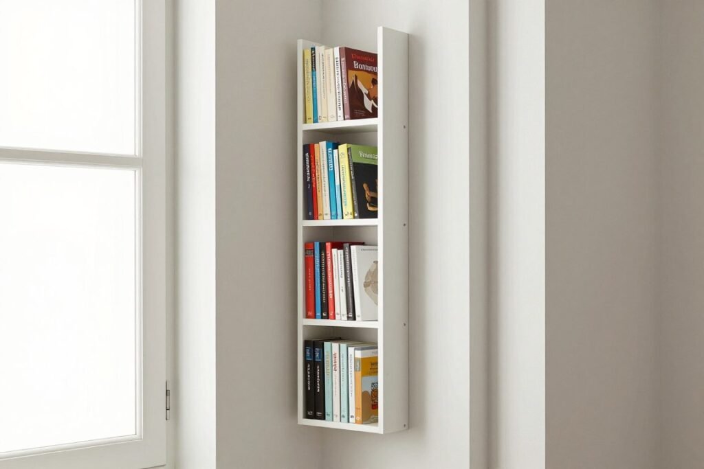 narrow bookshelf fitting in tight space between door and window in small room