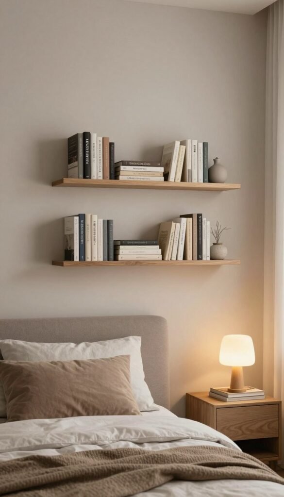 narrow floating shelves in bedroom displaying favorite reads within arm reach