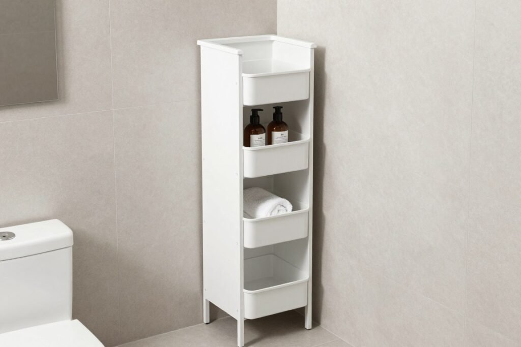narrow freestanding bathroom storage tower