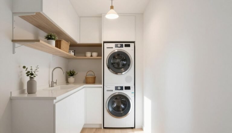 narrow laundry room ideas with white cabinets and vertical storage