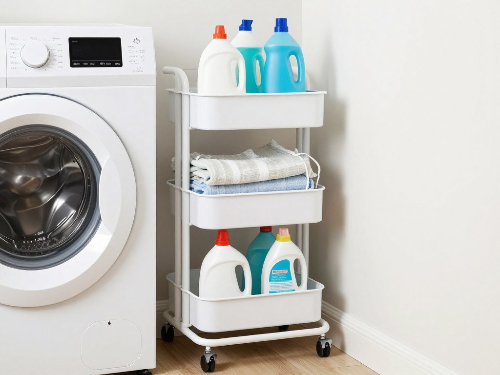narrow rolling cart tucked between top load washer and wall in small laundry space