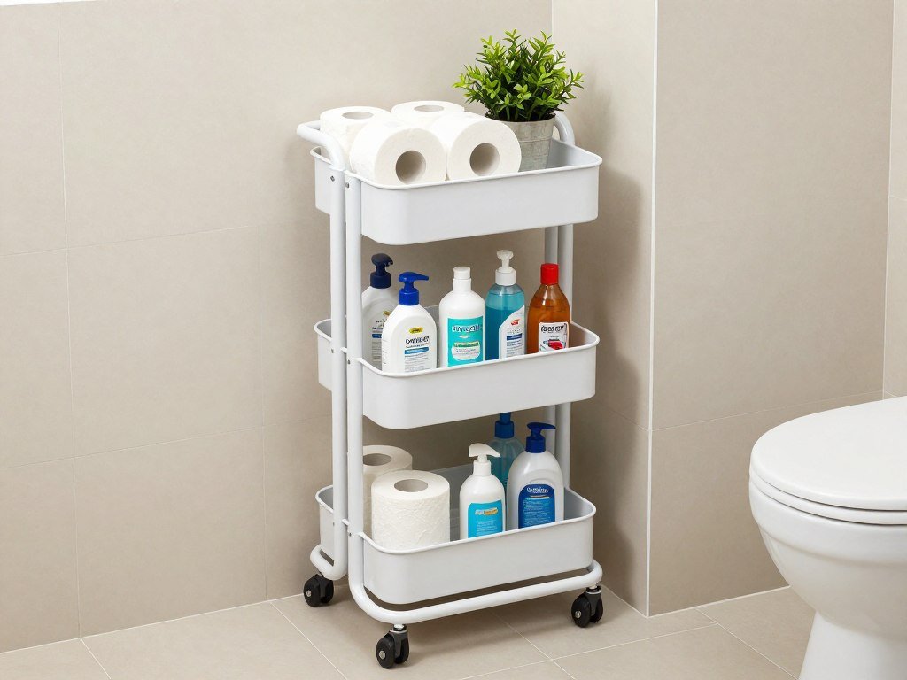 narrow rolling storage cart beside toilet in small bathroom