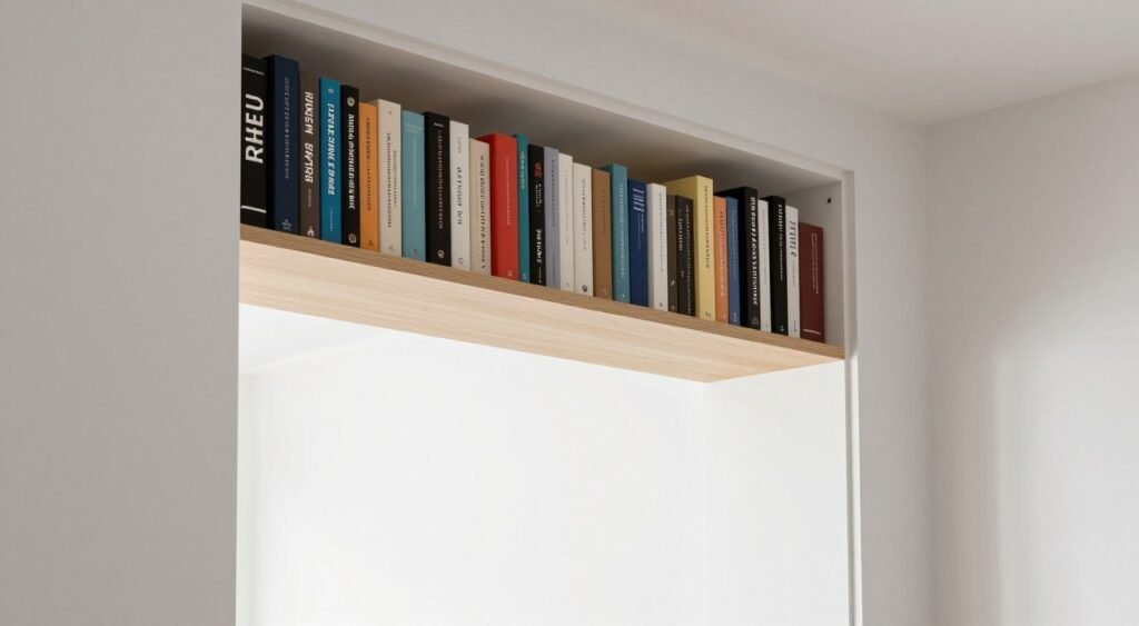 narrow shelf mounted above doorway storing books in unused vertical space