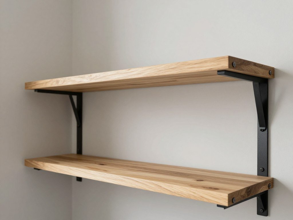 natural wood shelving with metal brackets