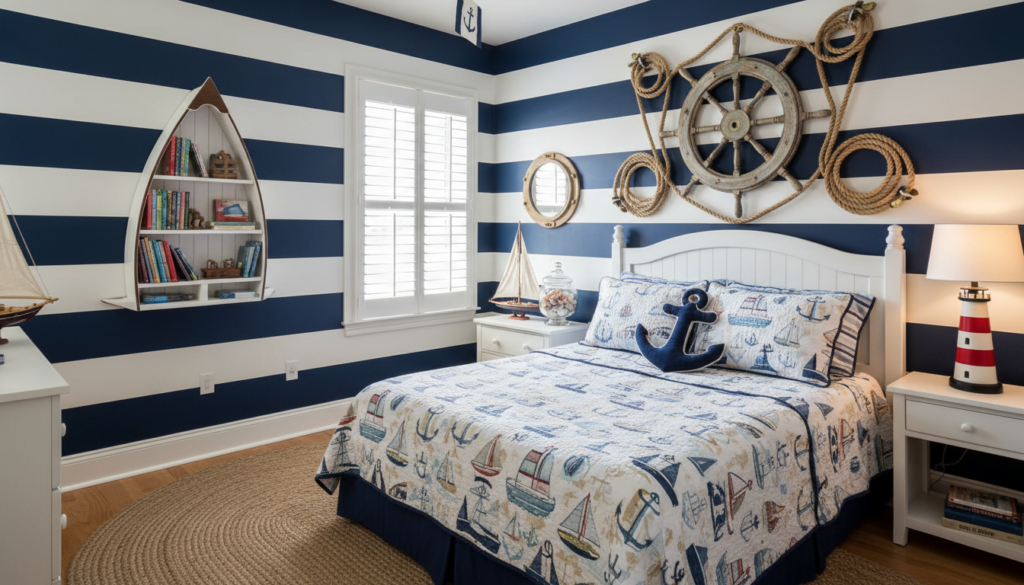 nautical boy bedroom with blue and white stripes