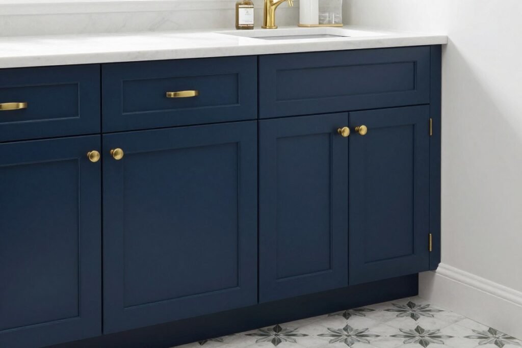 navy blue laundry room cabinets with brass hardware