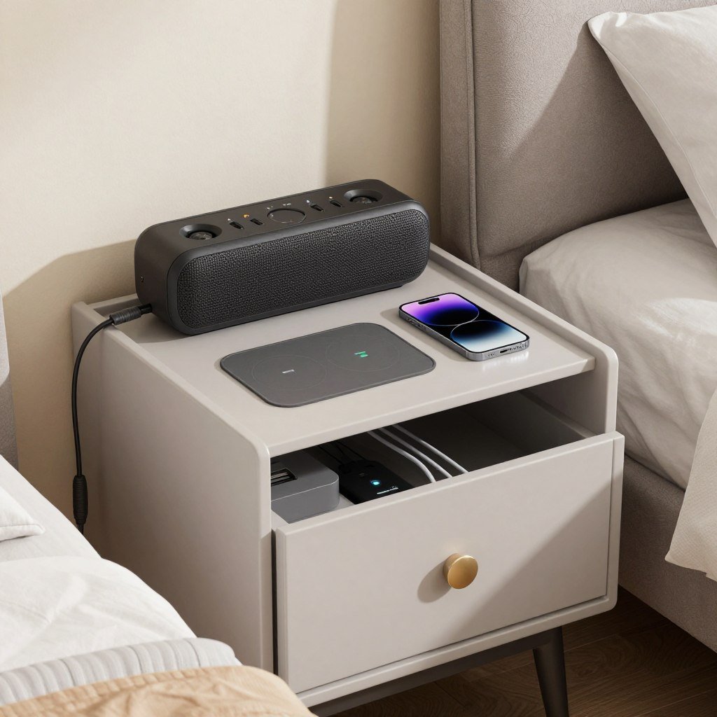 nightstand with multi-device charging station and bluetooth speaker