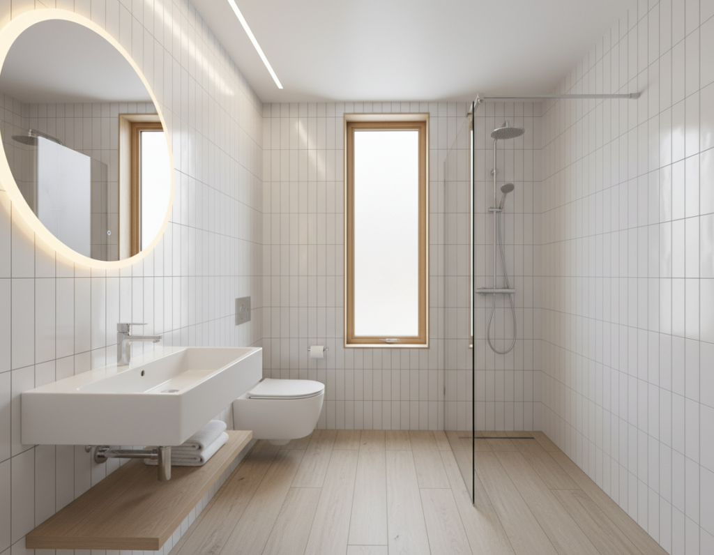 one-wall bathroom layout showing linear fixture arrangement