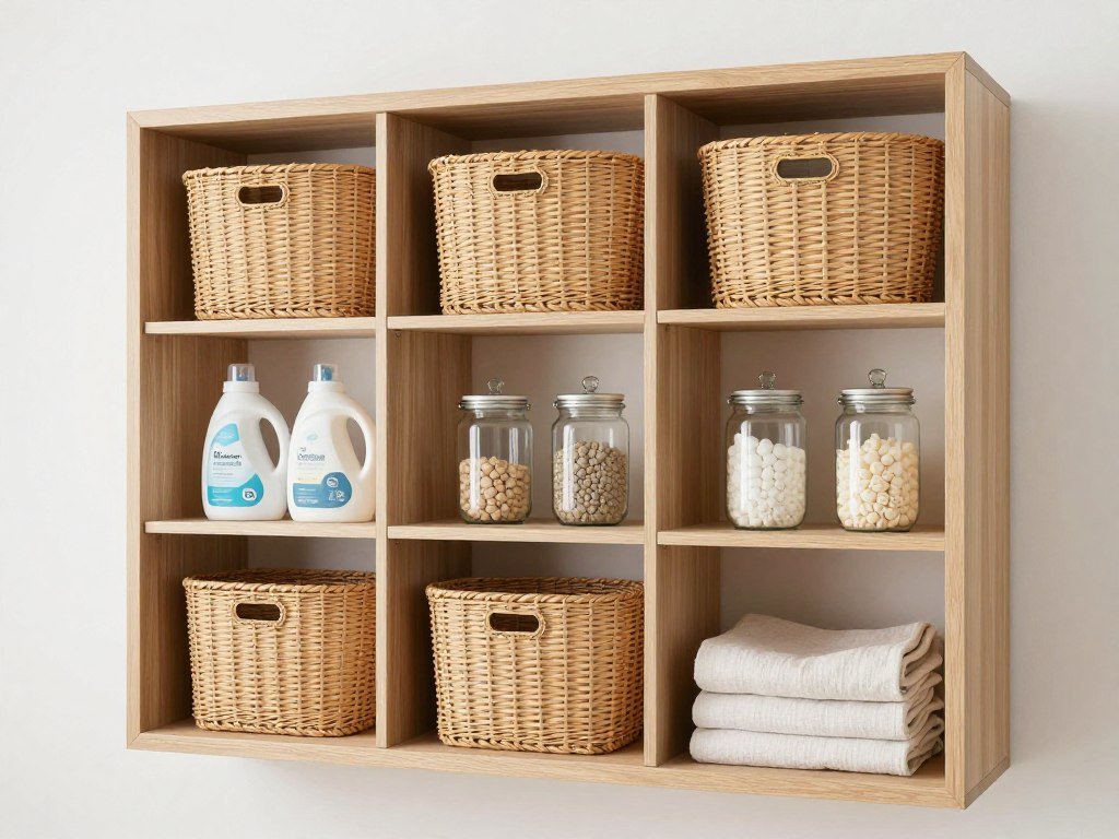 open cabinet shelving with woven baskets and glass jars in organized laundry room open cabinet shelving with woven baskets and glass jars in organized laundry room