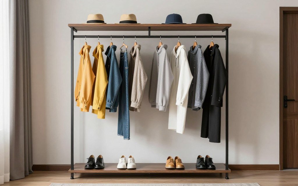 open clothing rack displaying organized wardrobe in bedroom