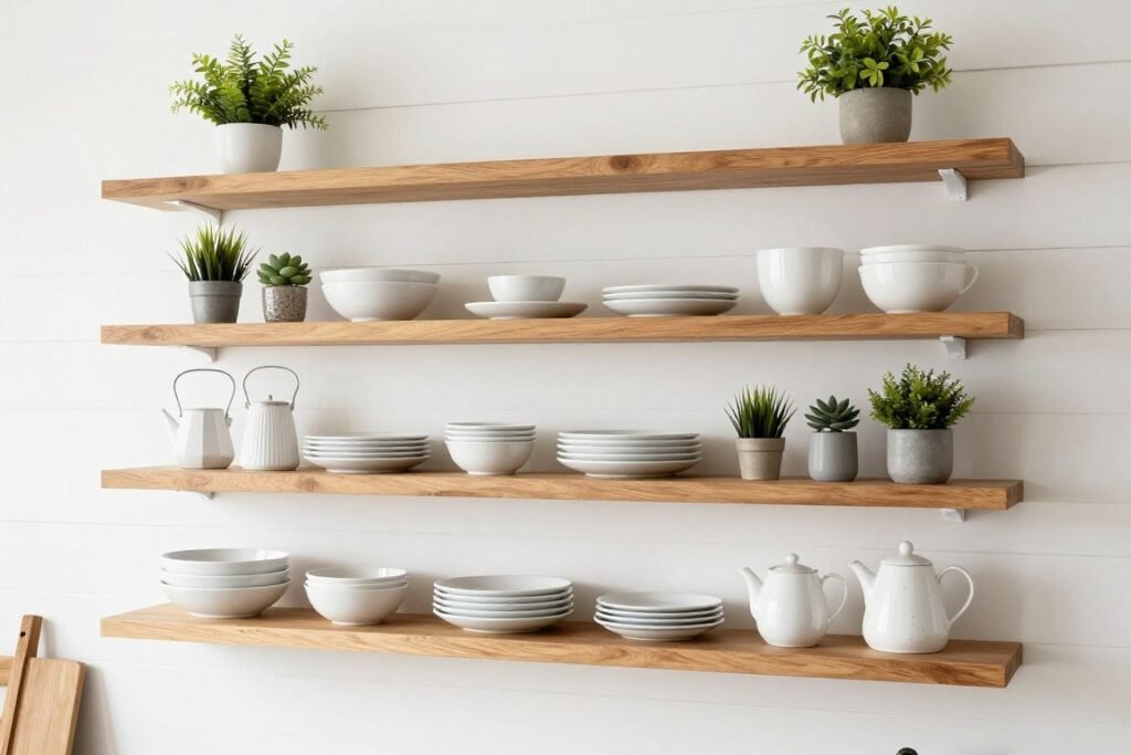 open floating shelves with organized kitchen items against white wall open floating shelves with organized kitchen items against white wall