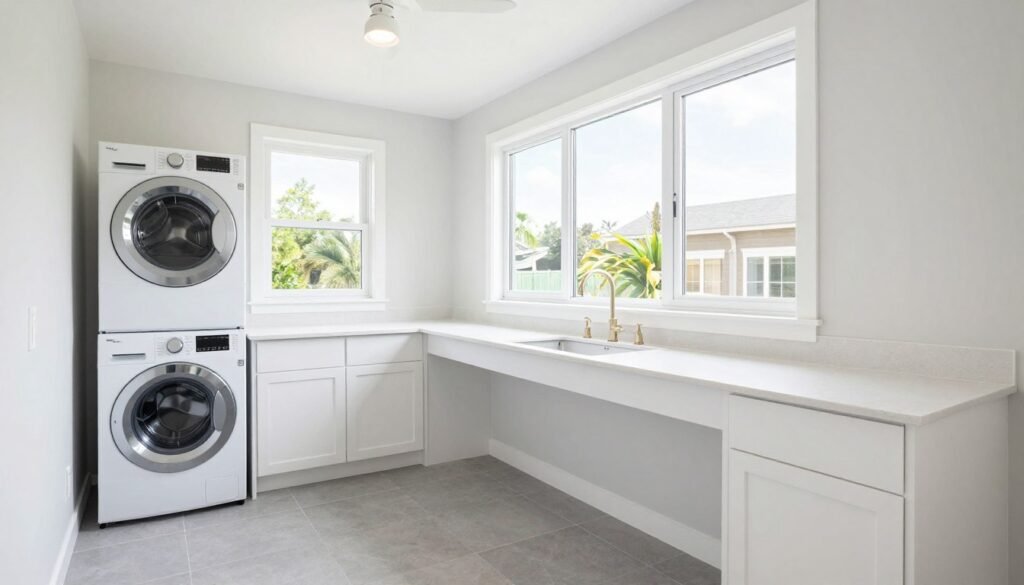 open laundry room with stackable washer dryer and long folding counter