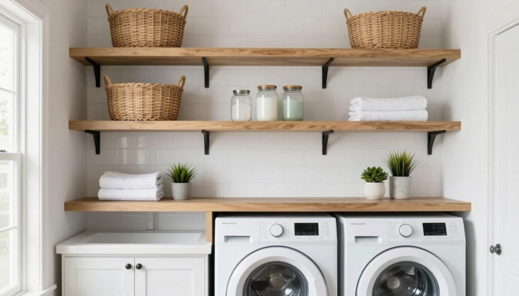 open shelving above stackable laundry units with organized baskets