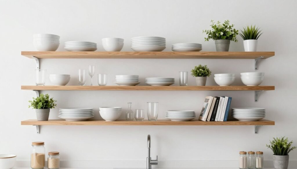 open shelving displaying white dishes in organized manner open shelving displaying white dishes in organized manner