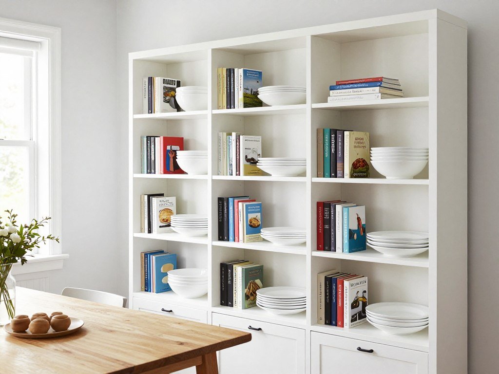 open shelving in dining room displaying cookbooks and serving dishes together