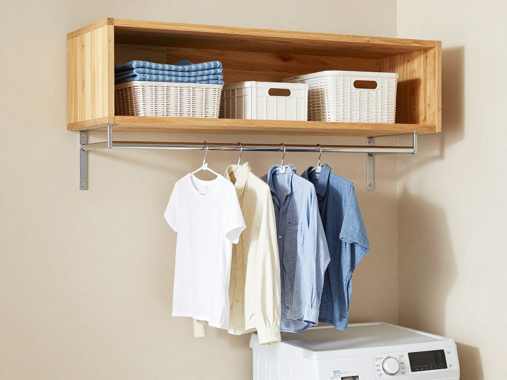 open wood shelving with hanging rod below in small laundry room above top loading washer