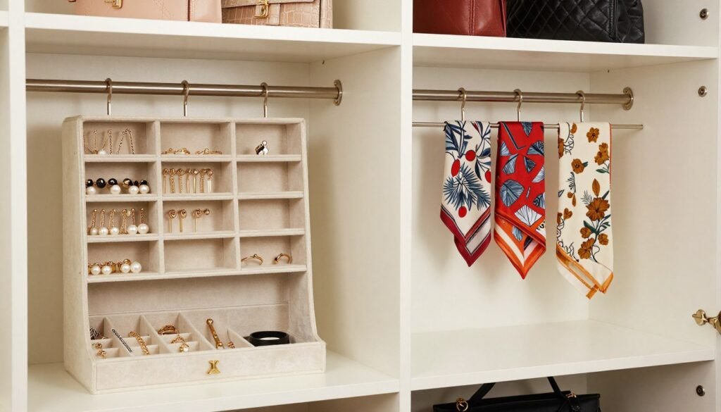 organized accessories in closet with specialized storage