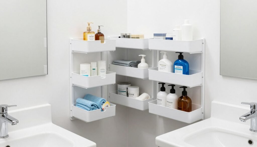 organized and maintained small bathroom with clean storage systems