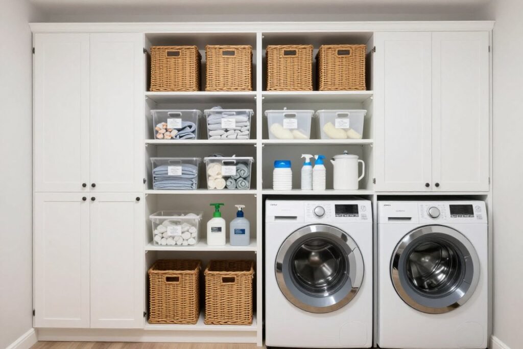 organized basement laundry room storage with cabinets and shelving