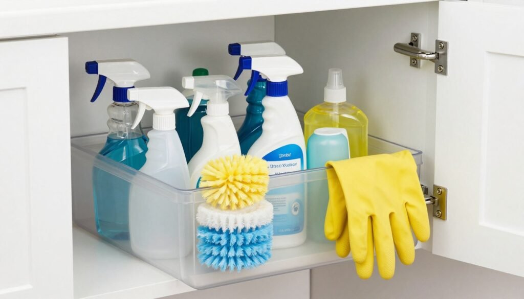 organized bathroom cleaning products storage