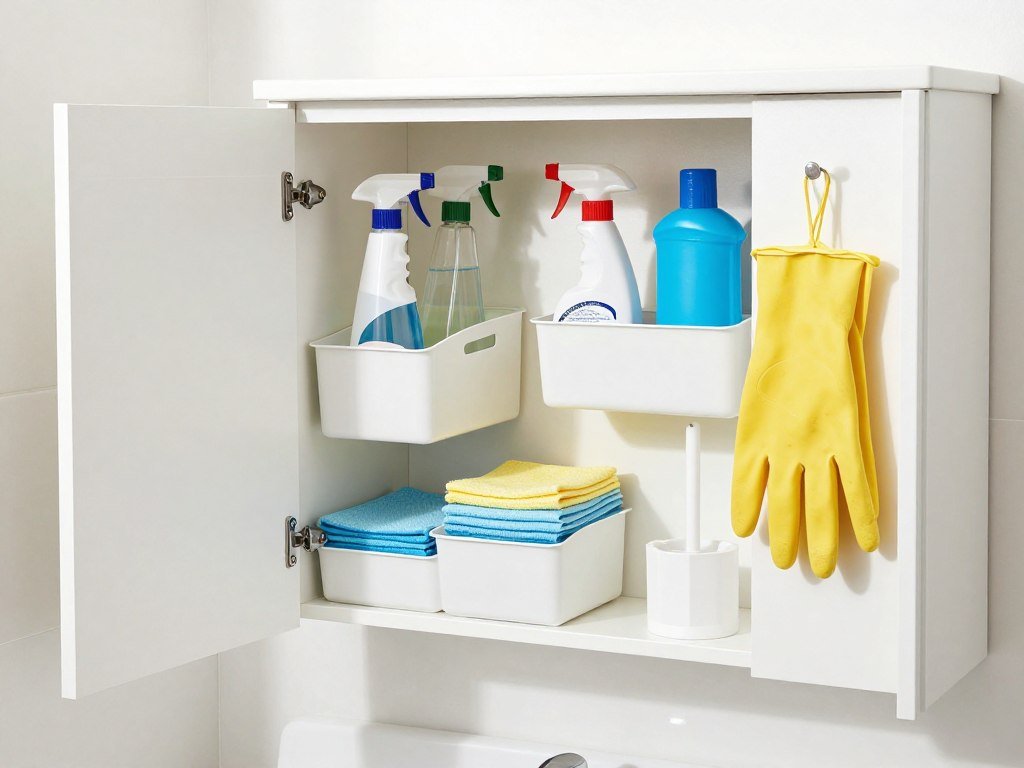 organized bathroom cleaning supplies storage