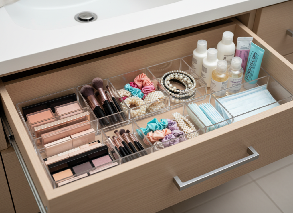 organized bathroom drawer with clear dividers and sorted toiletries