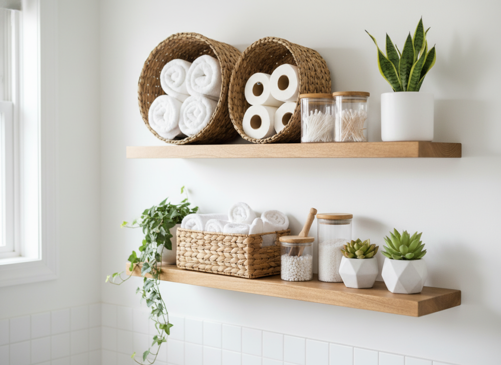 organized bathroom floating shelves with baskets and containers