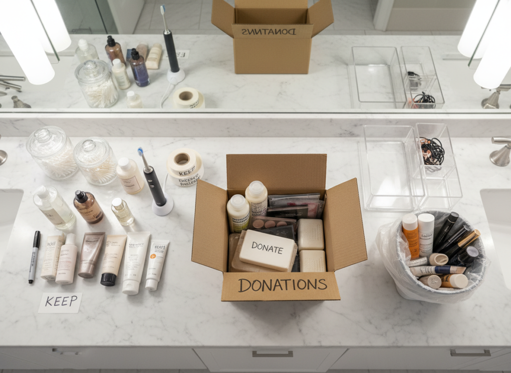 organized bathroom items sorted for decluttering with donation box