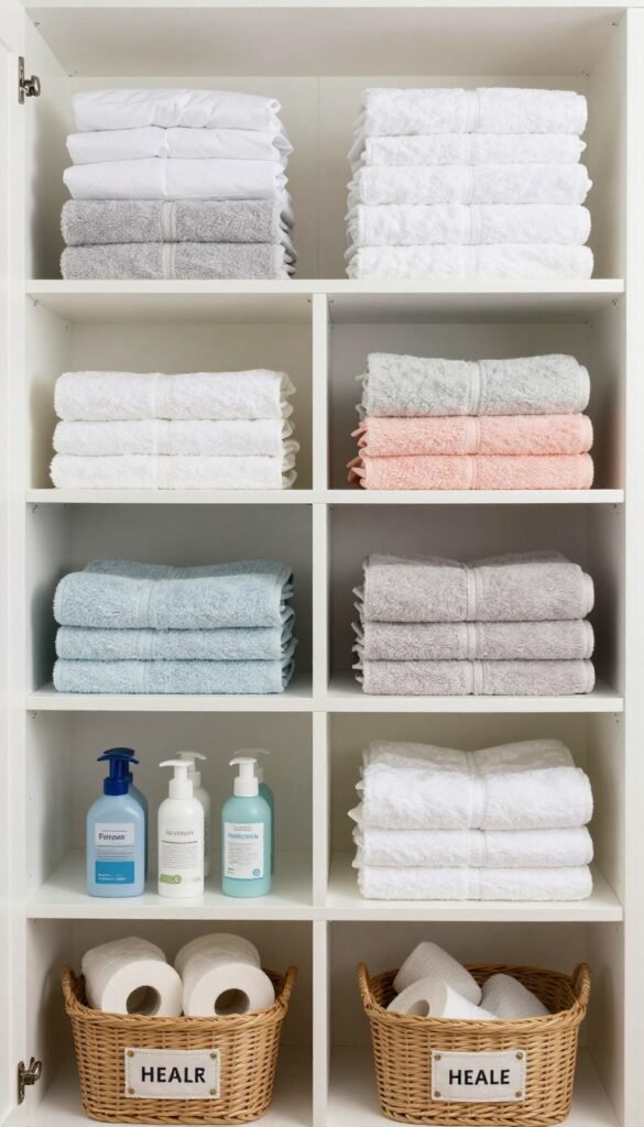 organized bathroom linen closet with labeled baskets