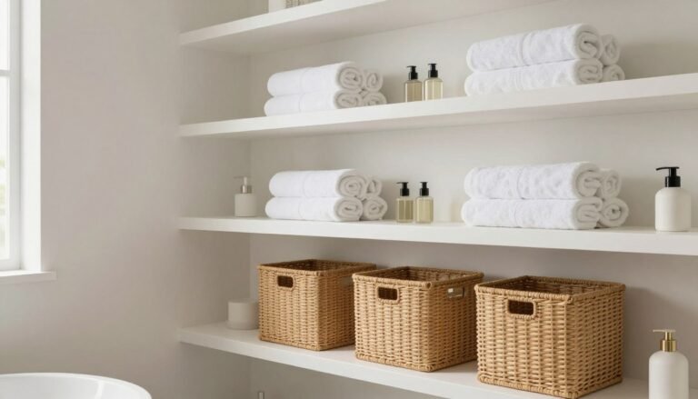 organized bathroom storage ideas with white shelves and baskets