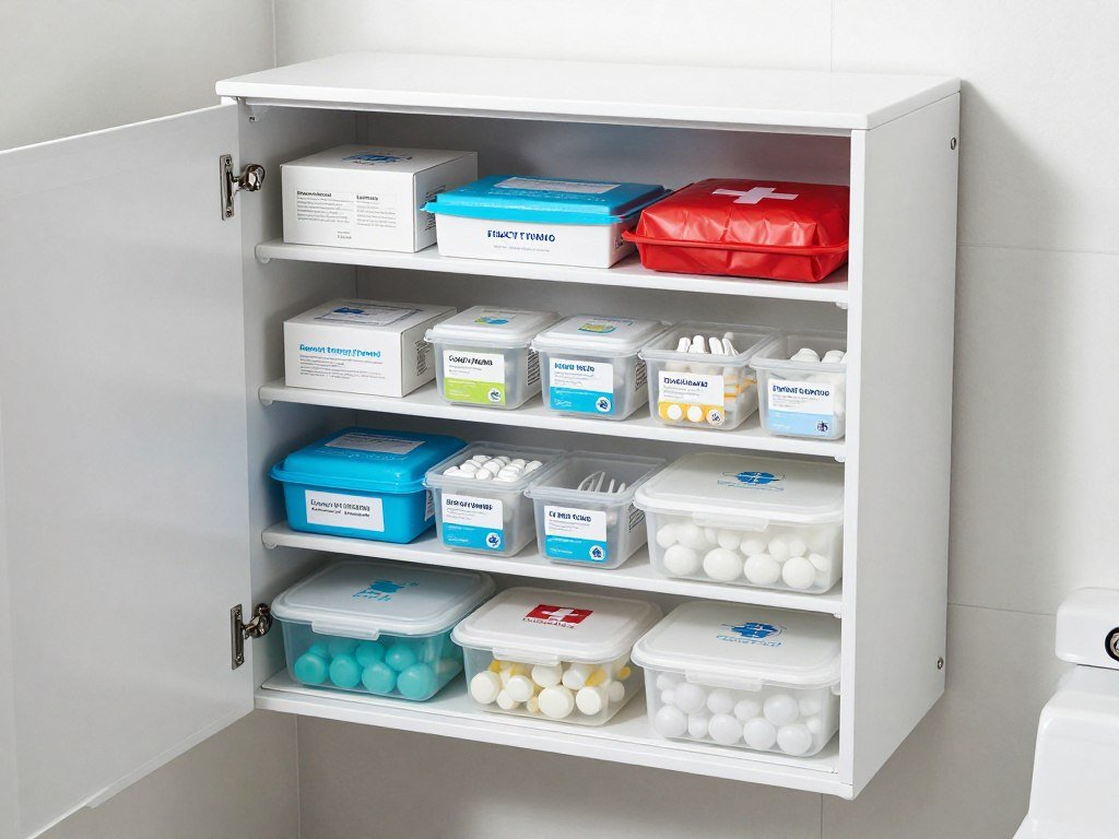 organized bathroom storage with medical supplies