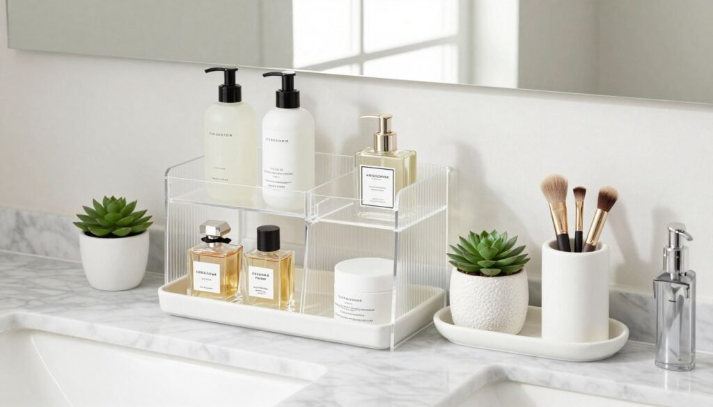 organized bathroom vanity countertop with tiered organizers